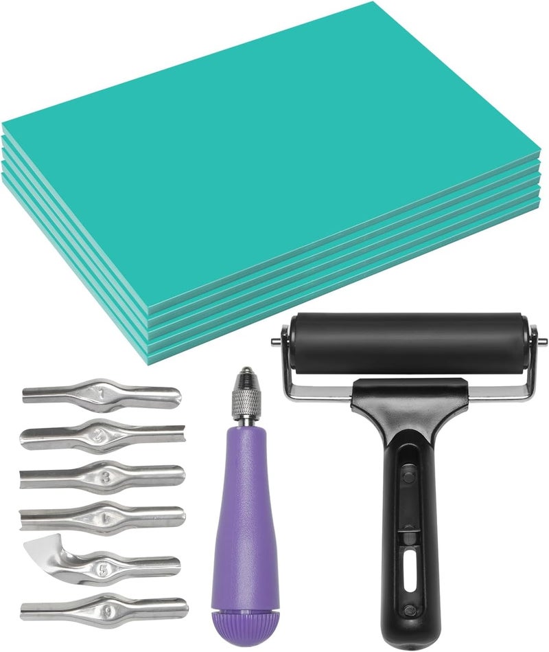 UCEC 7 Pack Linocut Block Printing Kit – Includes 5 Soft 4" x 6" Linoleum Blocks and Lino Cutting Tools with 6 Blades Universal Size, 4’’ Brayer Roller, Complete Rubber Stamp Carving Kit for Beginner - Image 1